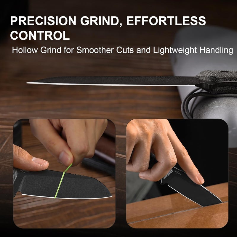 KIZER Begleiter Fix Fixed Blade Knife, 3.75" Sheepsfoot 3V Blade Hunting Knives with Kydex Sheath, Black Micarta Handle EDC Knife for Camping Hunting Survival 1045MS1 - Image 4